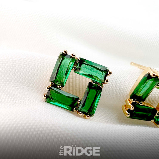 Emerald Green Crystal Square Earrings – Gold