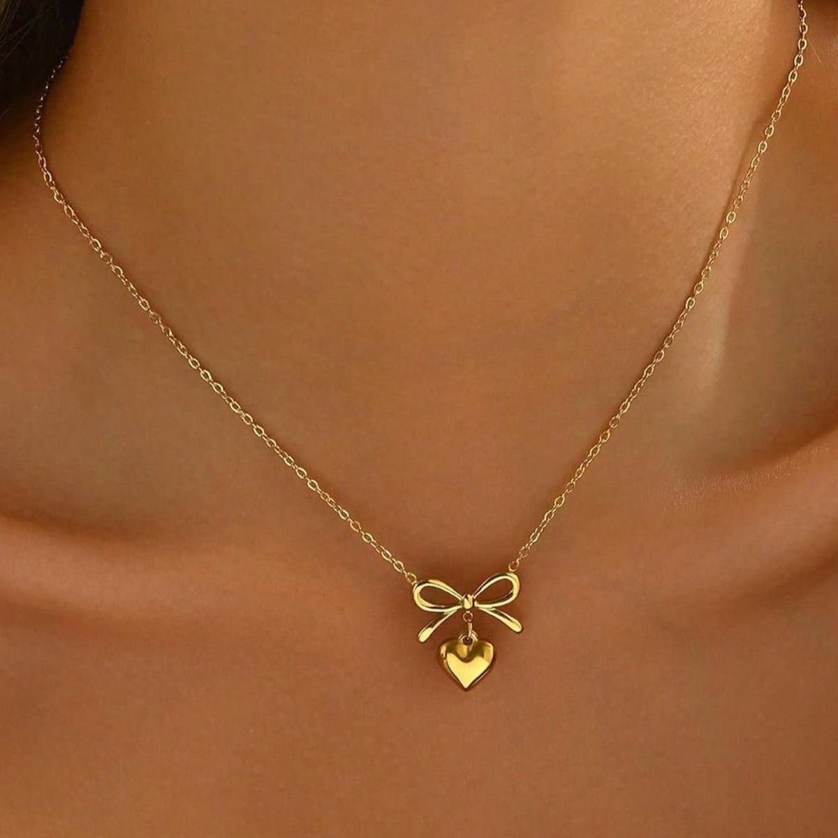 Gold Plated Heart Bow Pendant Necklace