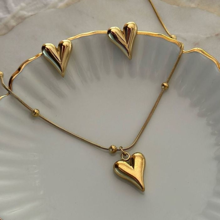 Golden Puff Heart Pendant Necklace with Studs
