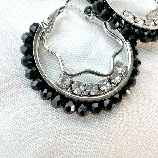 Black Crystal Hoop Earrings – Silver