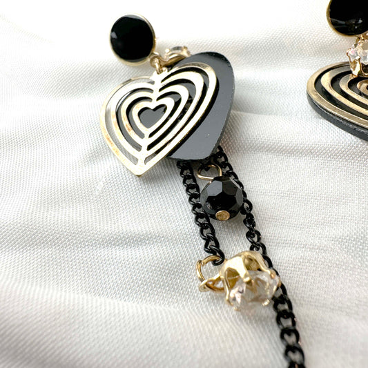 Heart-Shaped Black & Gold Drop Earrings