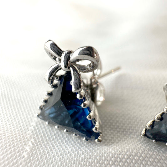 Silver-Plated Triangle Sapphire Bow Earrings