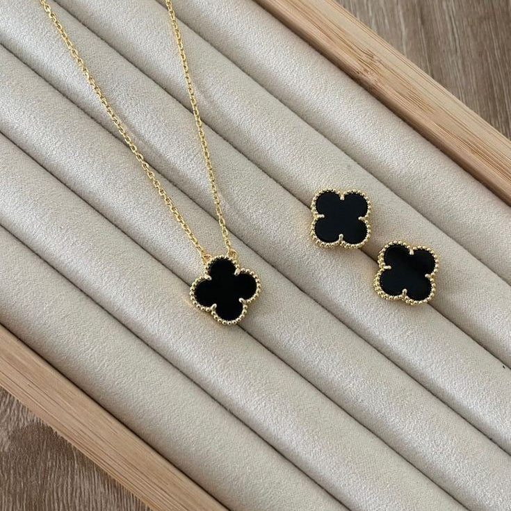 Black Clover Pendant & Stud Earrings Set – [Set of 2]