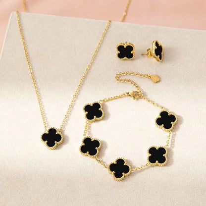 Black Enamel Clover Jewelry Set – [Set of 3]
