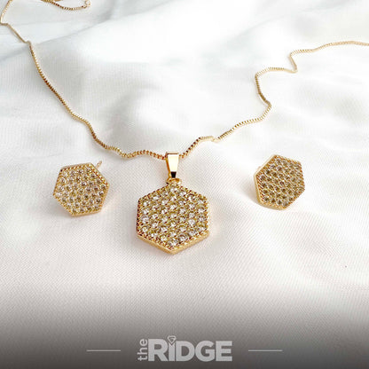 Hexagonal Crystal Pendant & Earring Set – Gold