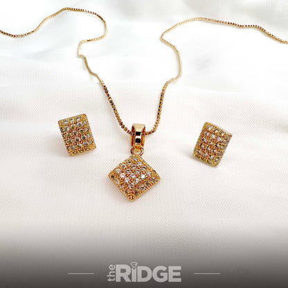 Square Pave Crystal Pendant & Earrings Set – Gold