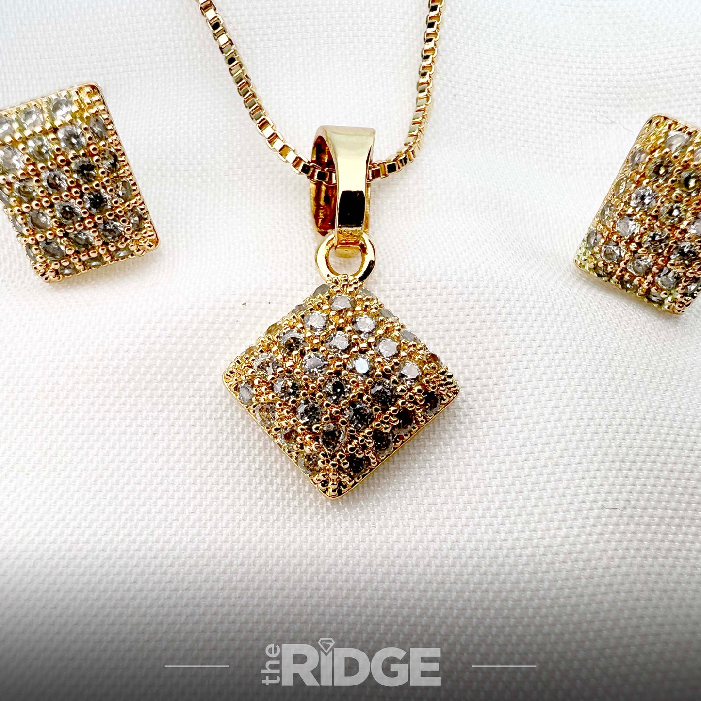 Square Pave Crystal Pendant & Earrings Set – Gold