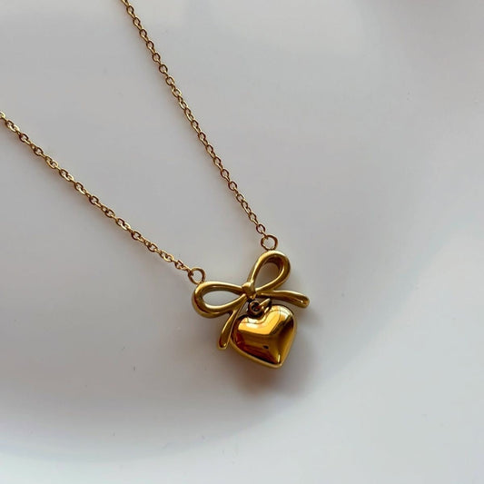 Gold Plated Heart Bow Pendant Necklace