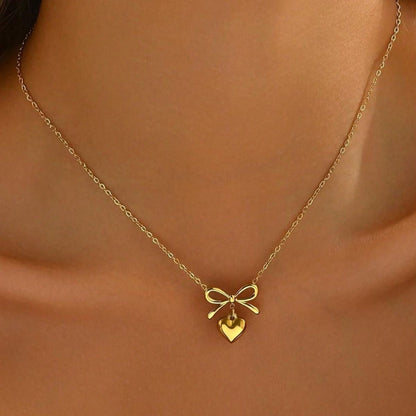 Gold Plated Heart Bow Pendant Necklace