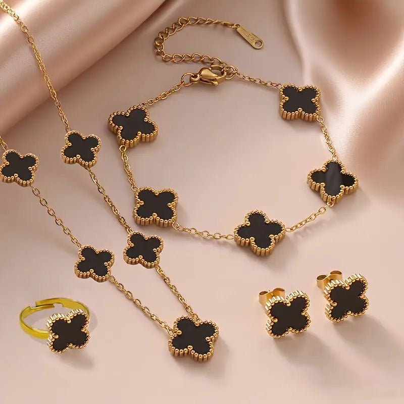 Black Enamel Clover Jewellery Set [Set of 4]