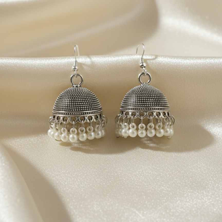 Pearl Drop Silver Jhumka