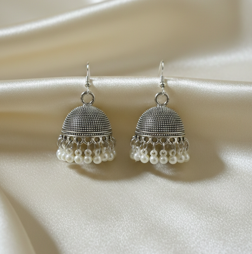 Pearl Drop Silver Jhumka