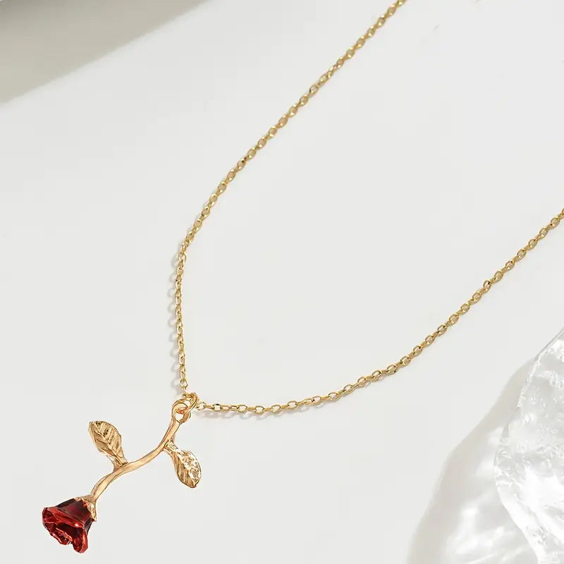 Red Rose Necklace - Stainless Steel