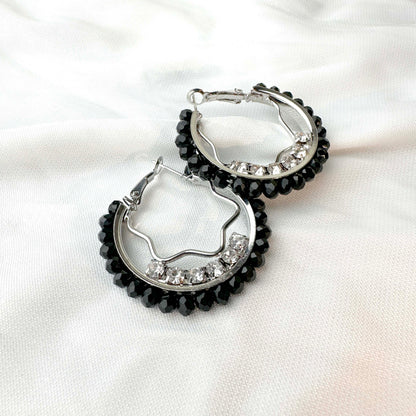 Black Crystal Hoop Earrings – Silver