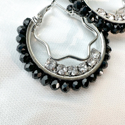 Black Crystal Hoop Earrings – Silver