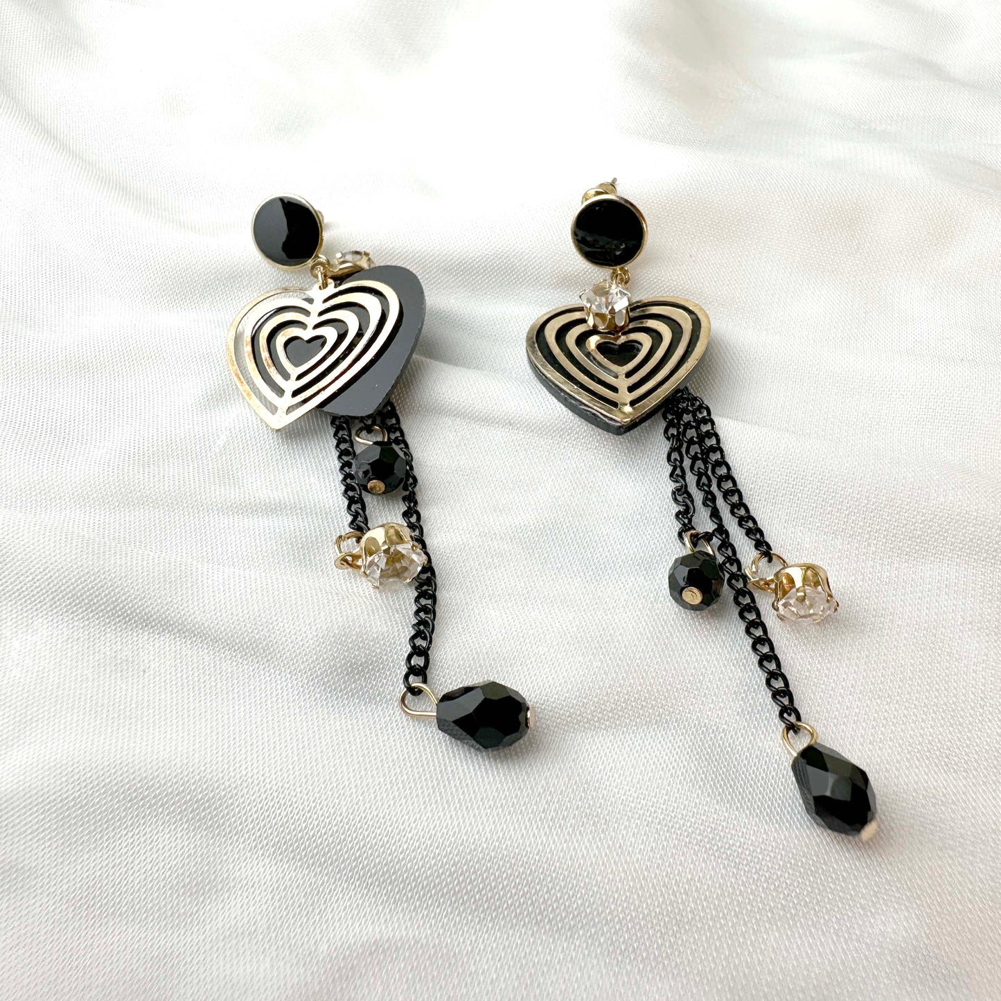 Heart-Shaped Black & Gold Drop Earrings