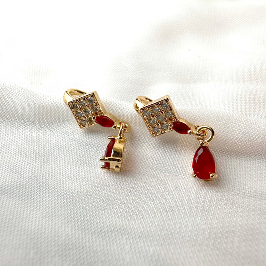 Ruby Red Square Drop Earrings – Gold