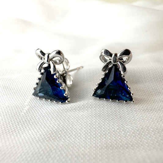 Silver-Plated Triangle Sapphire Bow Earrings