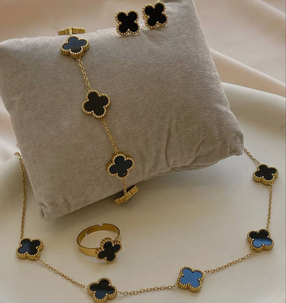 Black Enamel Clover Jewellery Set [Set of 4]