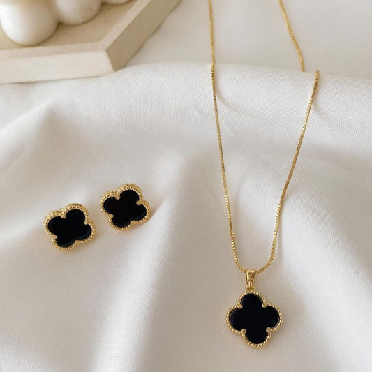 Black Clover Pendant & Stud Earrings Set – [Set of 2]