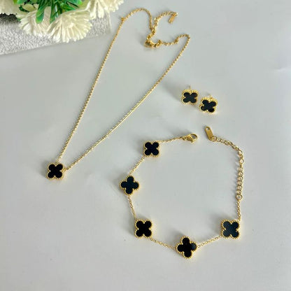 Black Enamel Clover Jewelry Set – [Set of 3]