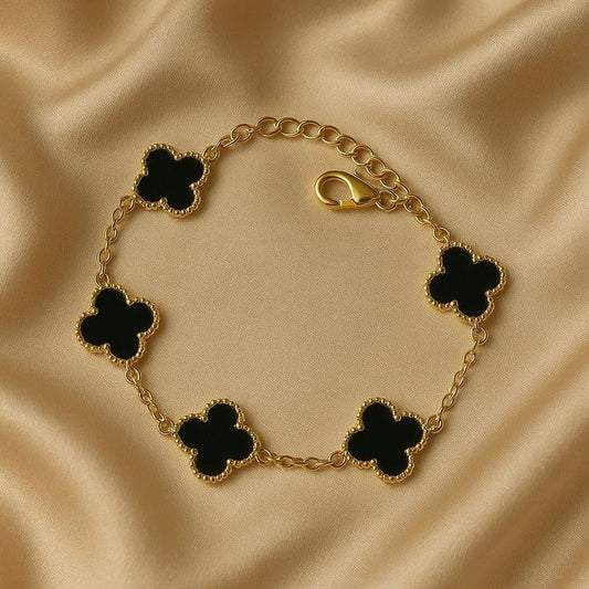 Black Enamel Clover Bracelet - Gold Plated