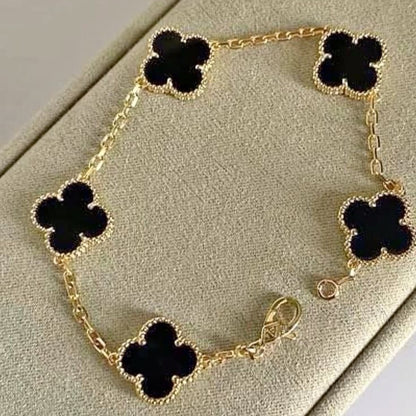 Black Enamel Clover Bracelet - Gold Plated
