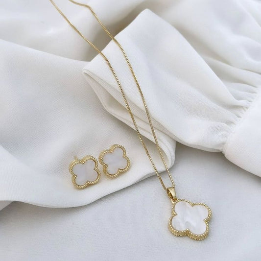 White Clover Pendant & Stud Earrings Set – [Set of 2]