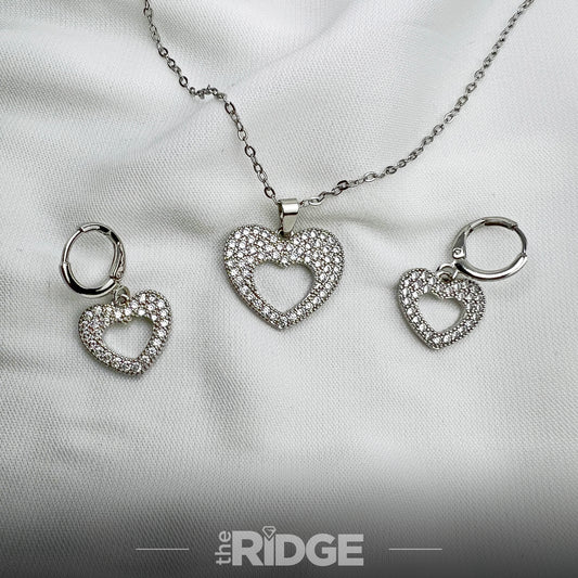 Hollow Heart Silver Necklace with Earrings